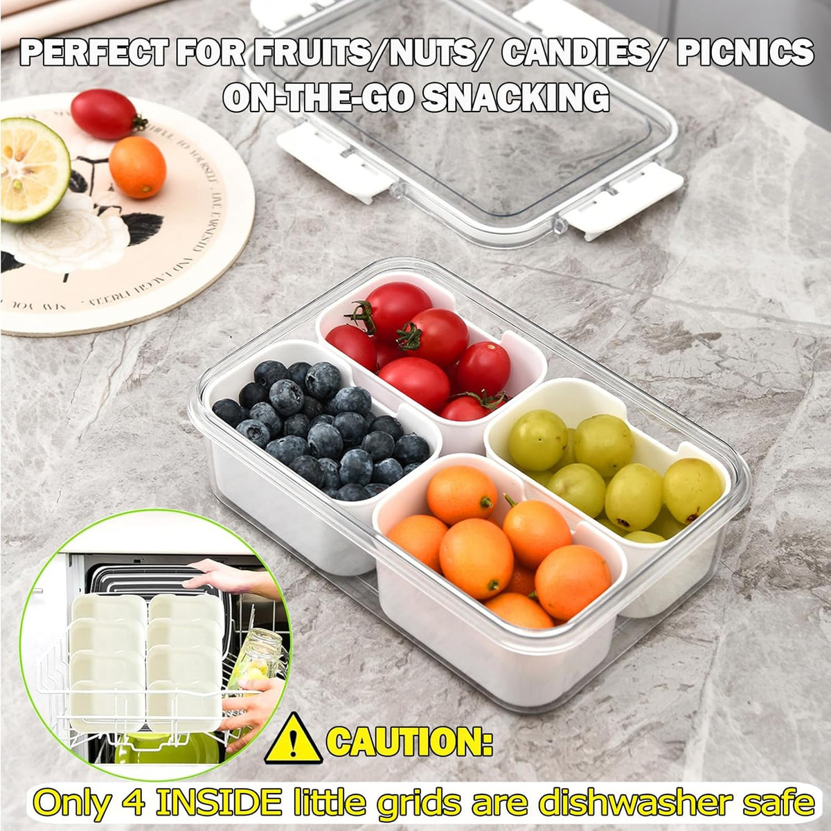 KIGITIONE Snackle Box, Pink 8 Compartments Portable Serving Tray, Divided Snackle Box Container with Lid and Handle, Snack Organizer for Fruits, Snacks, Nuts, Candy, Ideal for Party, Travel & Picnics - PuriLite