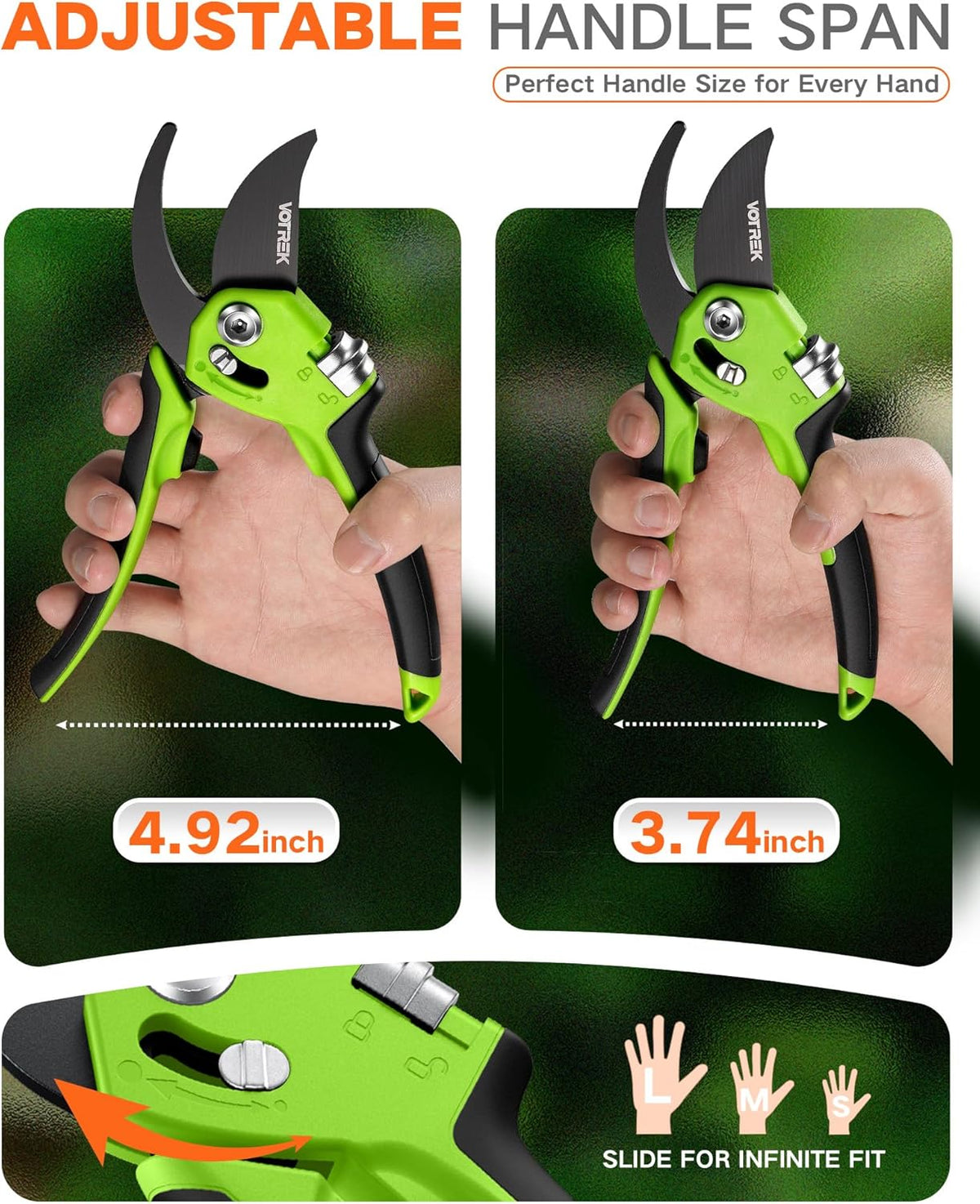 VOTREK Pruning Shears - 8.5" Heavy Duty Bypass Pruners for Gardening with Built-in Spring & SK5 Steel Blades - Ergonomic Adjustable Handle for All Hand Sizes, Garden Clipper Plant Scissors for Branch - PuriLite