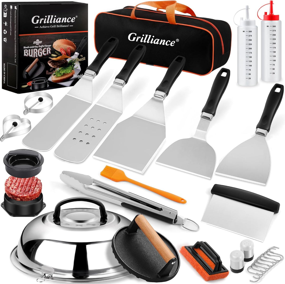 27pcs Griddle Accessories Kit for Blackstone, Professional Hibachi Flat Top Grill Tools, Enlarged Spatula Gift Set with Basting Cover，Burger Press Patty Maker for Outdoor BBQ Teppanyaki - PuriLite