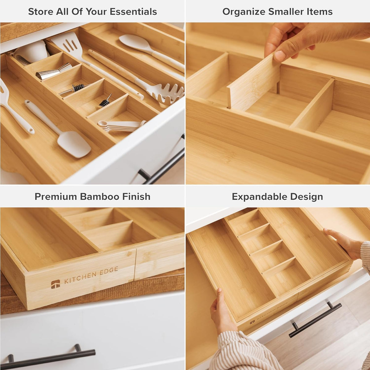 Adjustable Bamboo Kitchen Drawer Organizer, Extra-Wide Expandable Utensil and Junk Drawer Tray with 9 Compartments - PuriLite