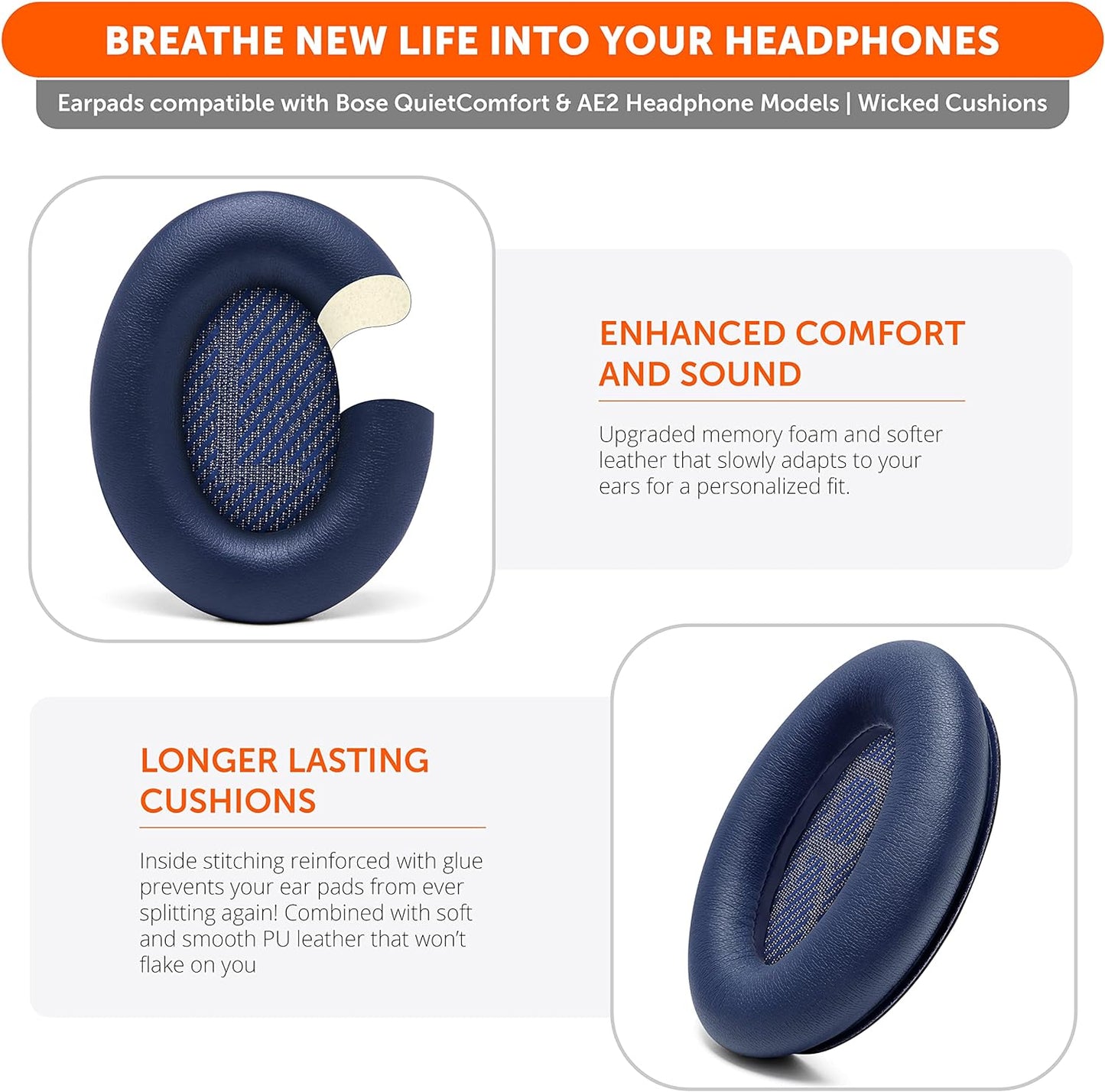 WC Wicked Cushions Upgraded Replacement Ear Pads for Bose QC35 & QC35ii (QuietComfort 35) Headphones & More - Softer Leather, Luxurious Memory Foam, Added Thickness, Extra Durability | Navy Tiger - PuriLite