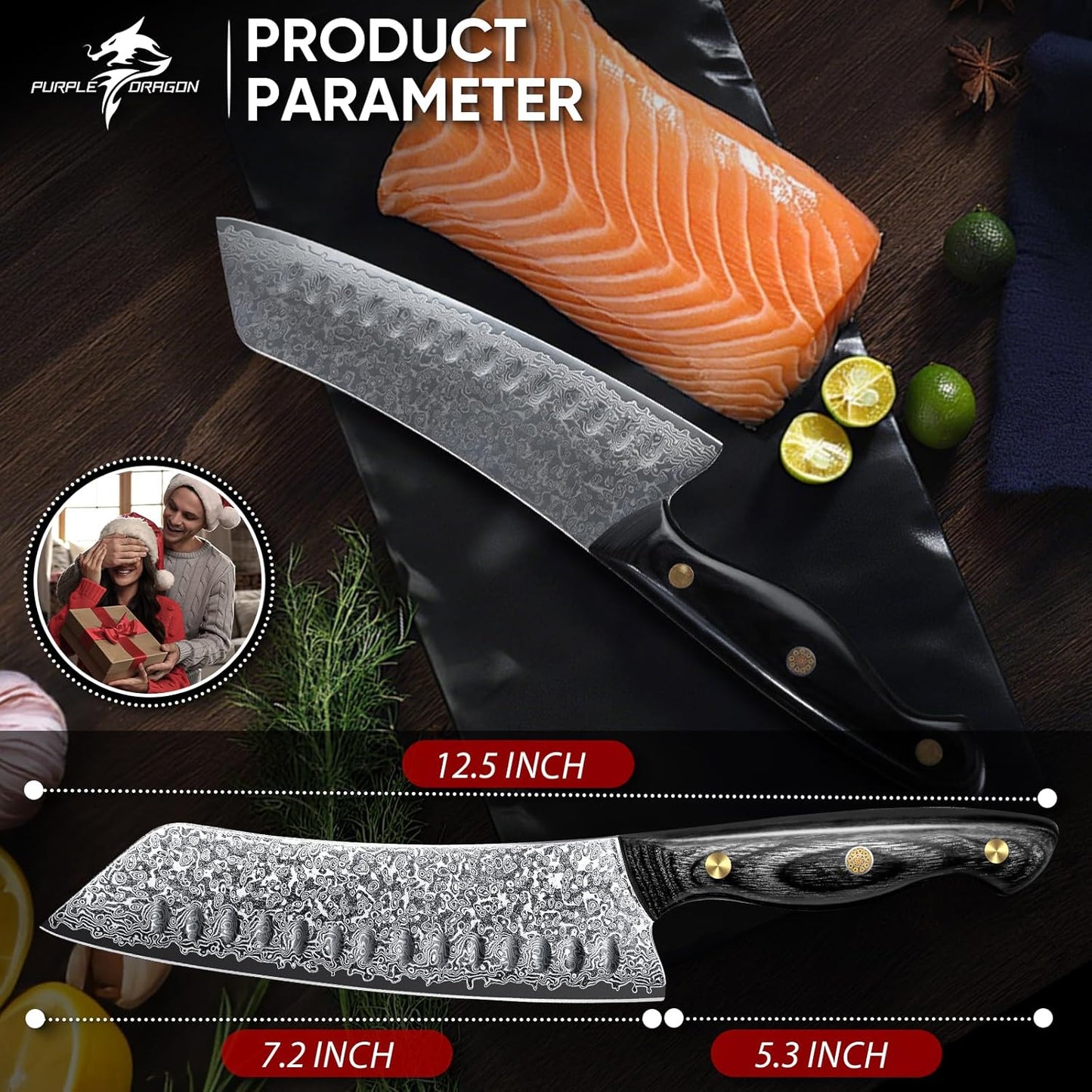 Purple Dragon Damascus Fish Fillet Knife - 7 inch Flexible Boning Knife with VG10 Core, Kitchen Slicing Knife with Full Tang Handle, Birthday Dad Mom Gift - PuriLite