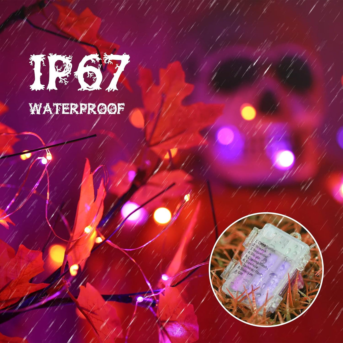 Lyhope Orange Purple Halloween Lights, 2 Pack 33ft 100 Led Battery Halloween Lights, Waterproof 8 Modes with Remote Copper Wire String Lights for Halloween Holiday Party Carnival Graveyard Decorations - PuriLite