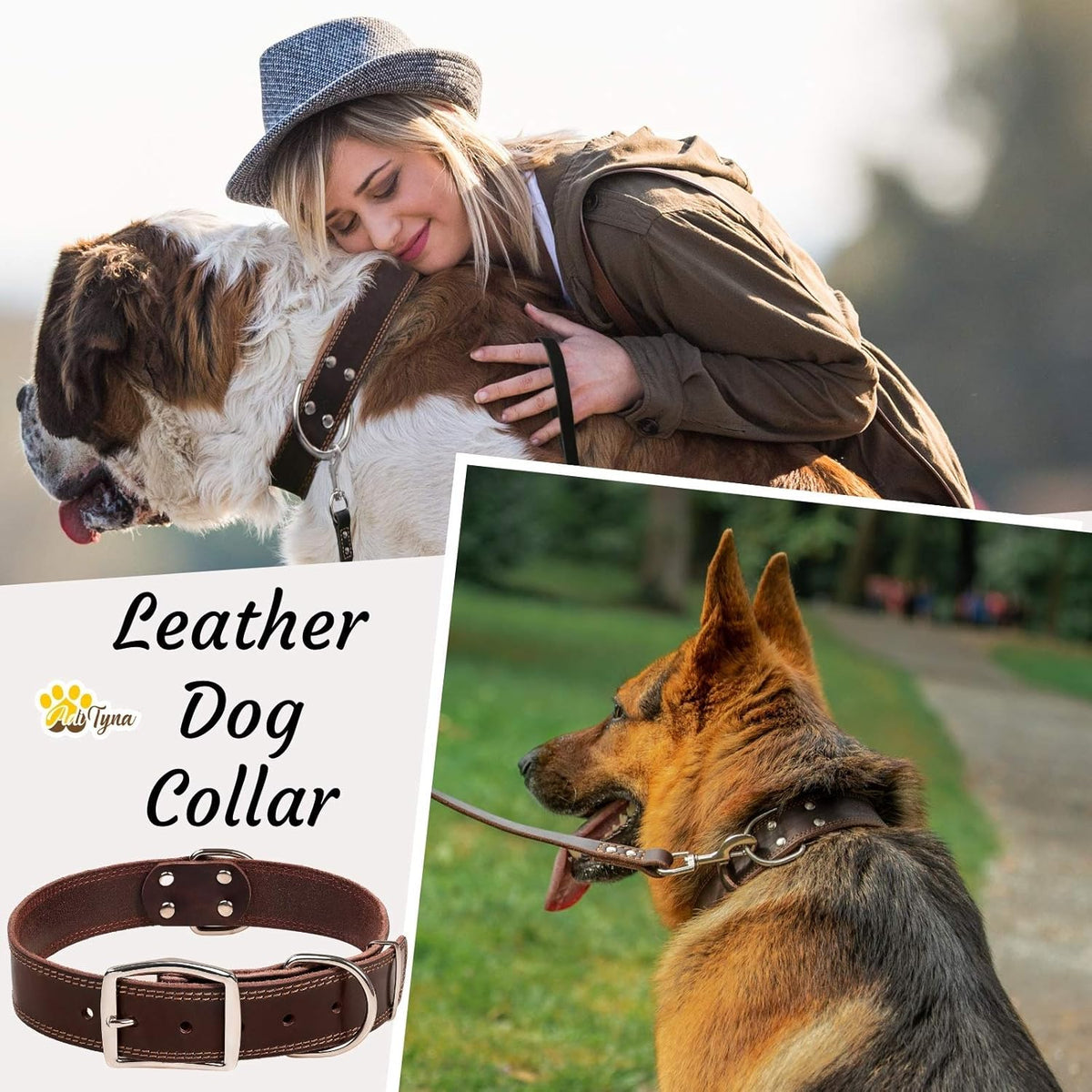 ADITYNA Heavy-Duty Leather Dog Collar for Medium Dogs - Soft and Strong, 100% Genuine Leather - Collier Pour Chien (Medium: Fit 13" - 20" Neck, Brown) - PuriLite