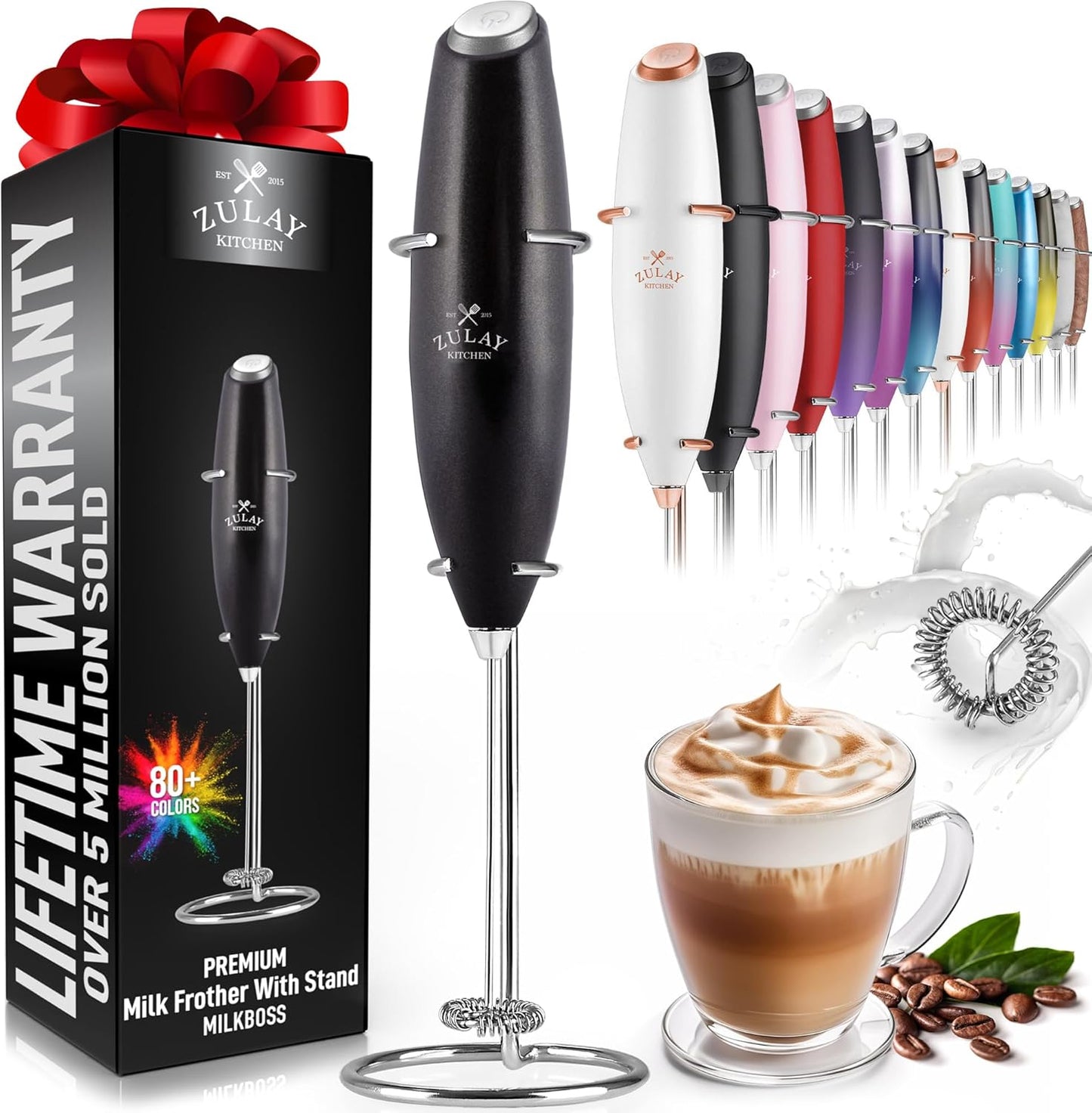 Zulay Kitchen Powerful Double Whisk Milk Frother Handheld - Foam Maker with Stand - Whisk Drink Mixer for Coffee, Mini Foamer for Latte, Matcha, Frappe, Hot Chocolate & Cappuccino (Black) - PuriLite