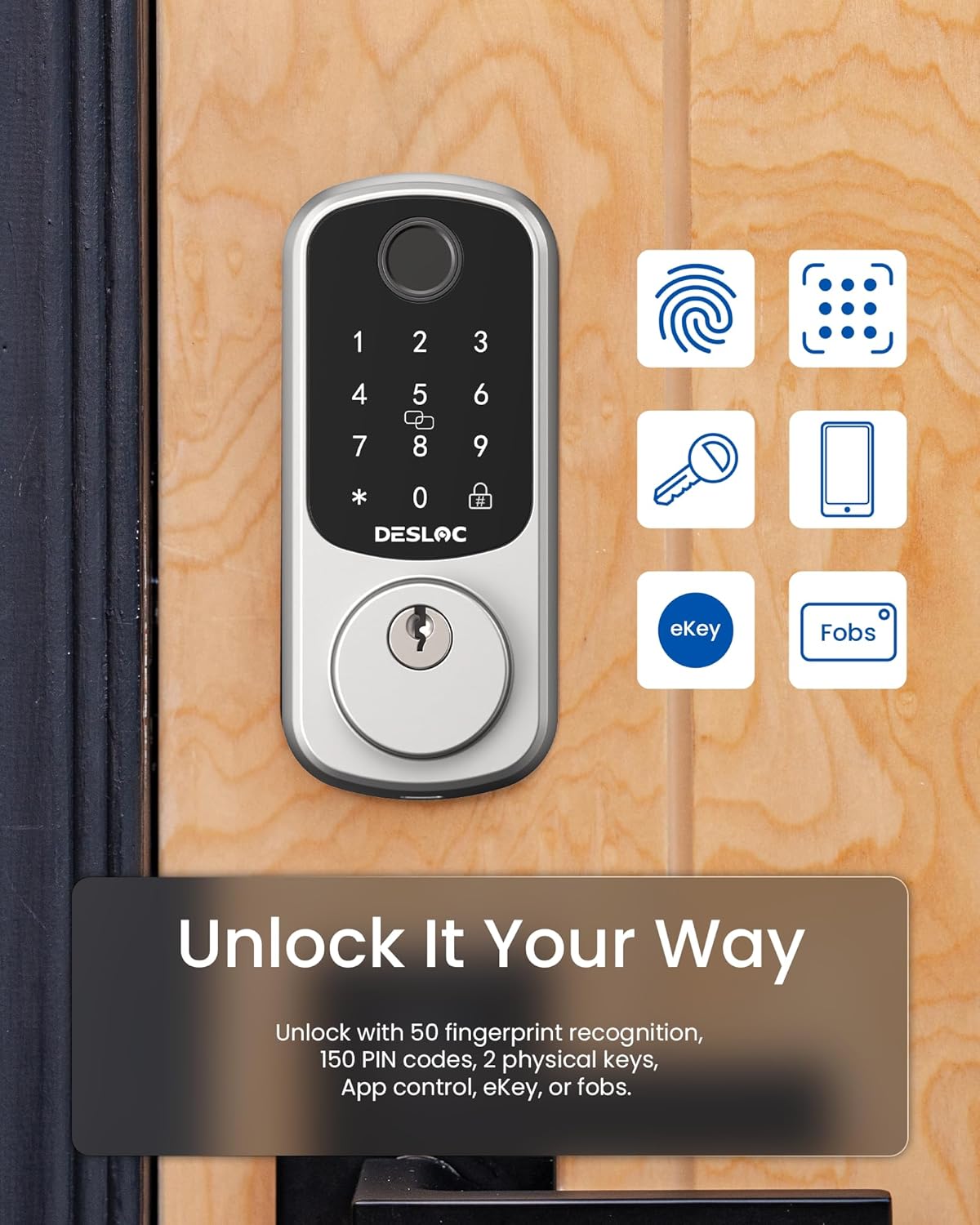 DESLOC B200 Fingerprint Smart Door Lock, Keyless Entry Door Lock, App Control, Easy Installation, Front Door Smart Deadbolt Lock, Touchscreen Keypad, Emergency Power Port, 12 Months Battery, IP54 - PuriLite