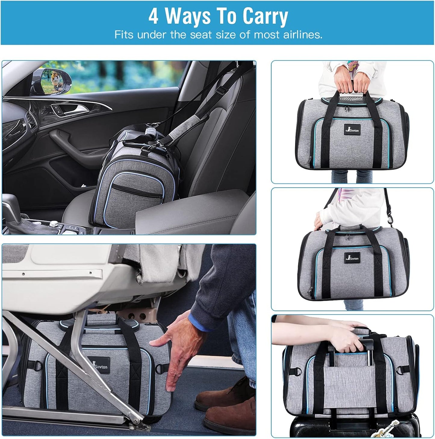 Siivton Cat Carrier,4 Sided Expandable Pet Carrier for Travel,Collapsible Soft-Sided Carriers with Removable Fleece Pad and Shoulder Straps,Airline Approved(17.5"x 11"x 11") - PuriLite