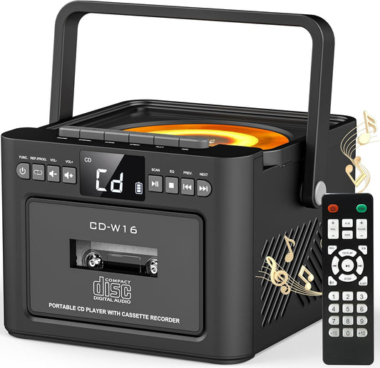 Greadio CD Player Portable, Boombox with CD Cassette Player, 5000mAh Rechargeable Battery Boom Box with Remote Control, Bluetooth 5.1, FM Radio, AUX/USB/SD Card-in, 5W Speaker, LED Screen, Black - PuriLite