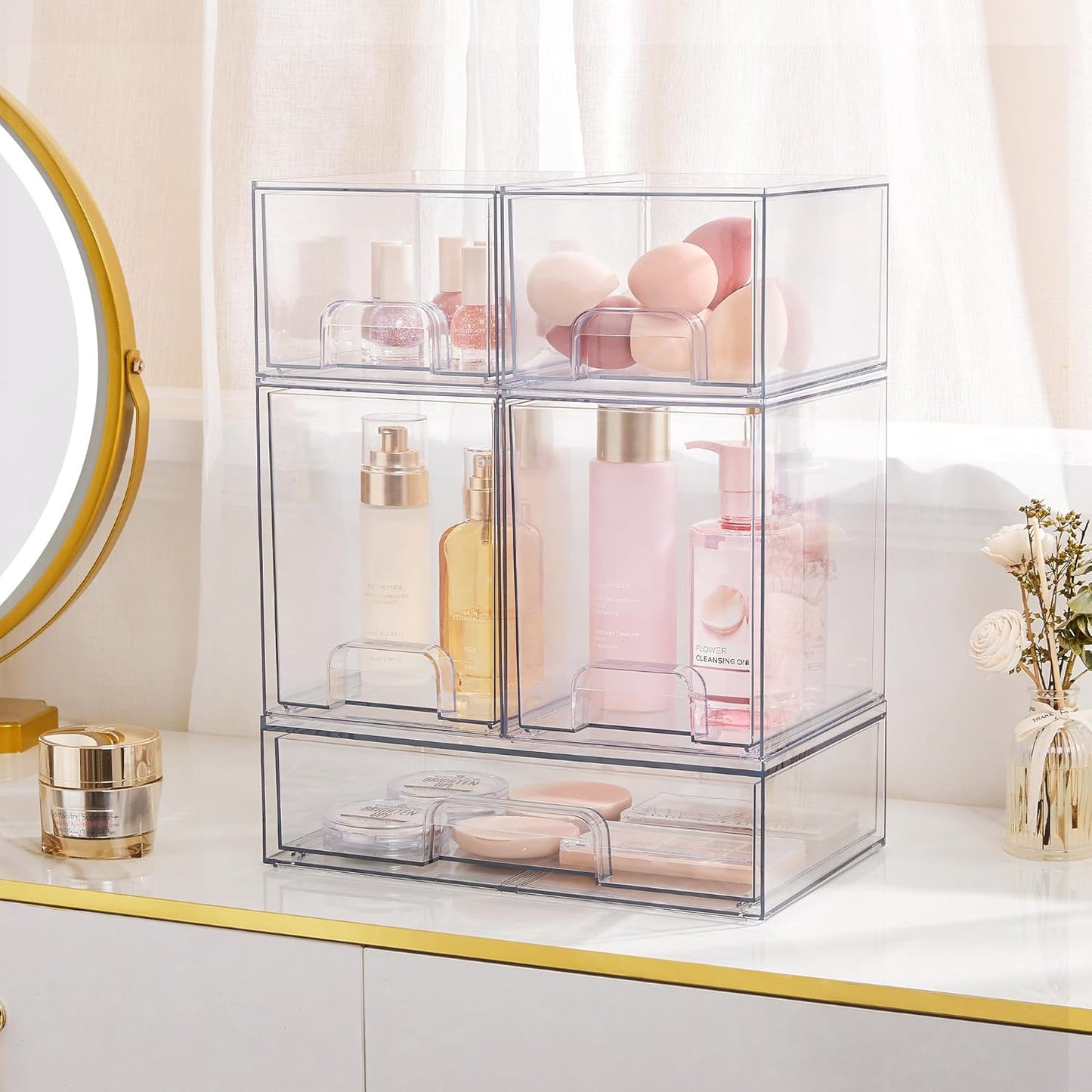 Vtopmart 3 Pack Stackable Clear Plastic Drawer Organizer, Makeup Organizers and Storage for Eyeshadow Palettes, Cosmetics, Beauty Supplies, Ideal for Vanity, Desk, Office, Bathroom Organization - PuriLite