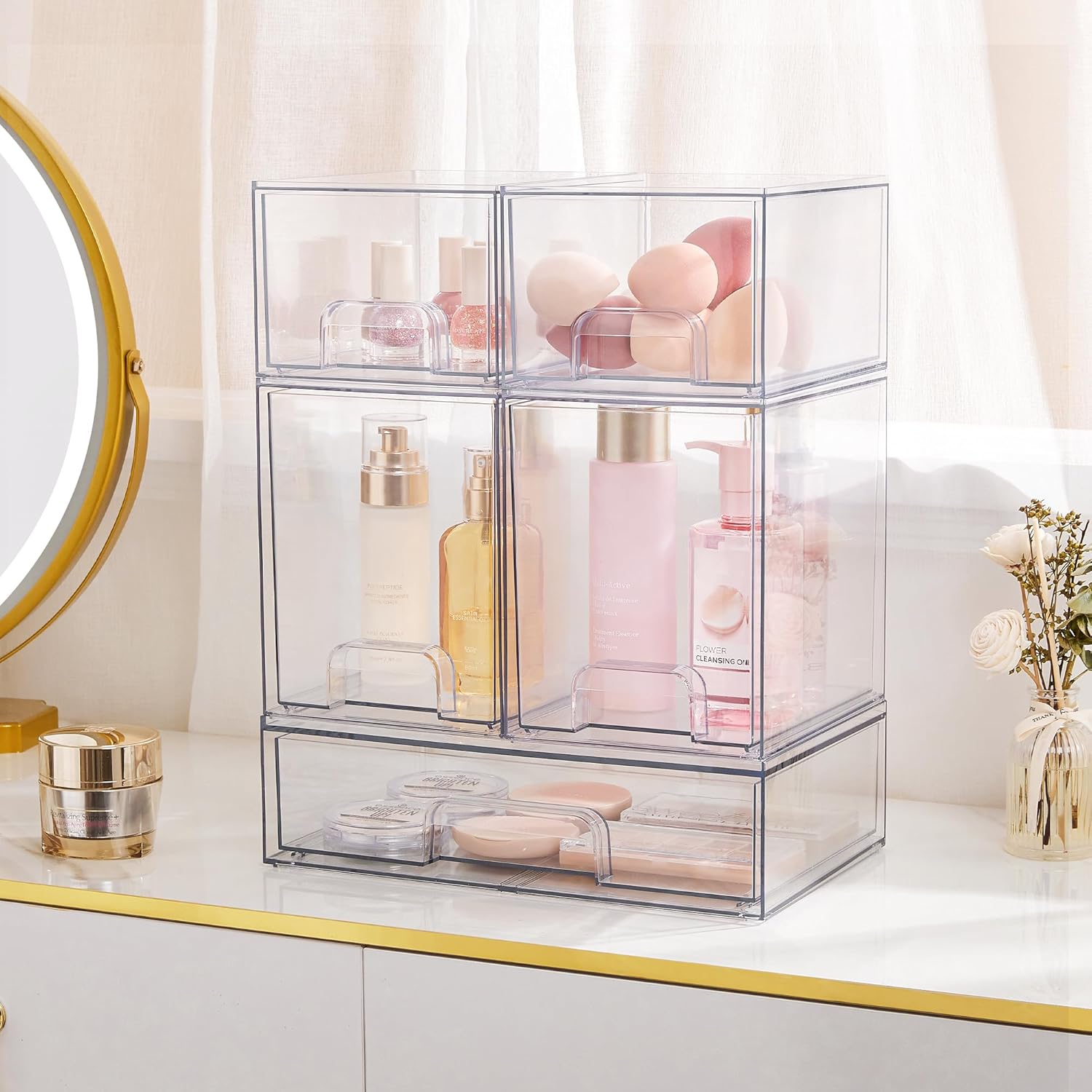 Vtopmart 3 Pack Stackable Clear Plastic Drawer Organizer, Makeup Organizers and Storage for Eyeshadow Palettes, Cosmetics, Beauty Supplies, Ideal for Vanity, Desk, Office, Bathroom Organization - PuriLite