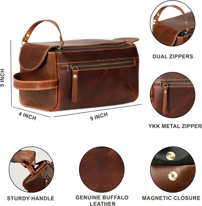 Premium Buffalo Leather Unisex Toiletry Bag Travel Dopp Kit Shaving kit (Distressed Tan) - PuriLite
