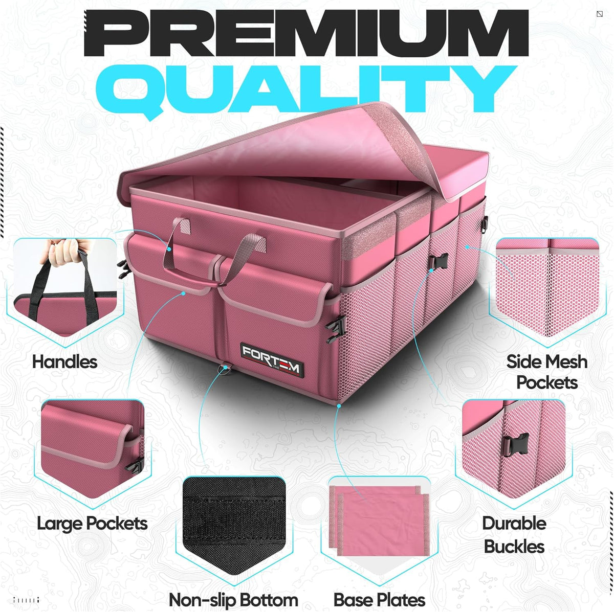 FORTEM Car Trunk Organizer, Collapsible Multi Compartment Car Organizer, Foldable SUV Storage for Car Accessories for Women Men, Non Slip Bottom, Securing Straps, Soft Cover 50L (Black, Standard) - PuriLite