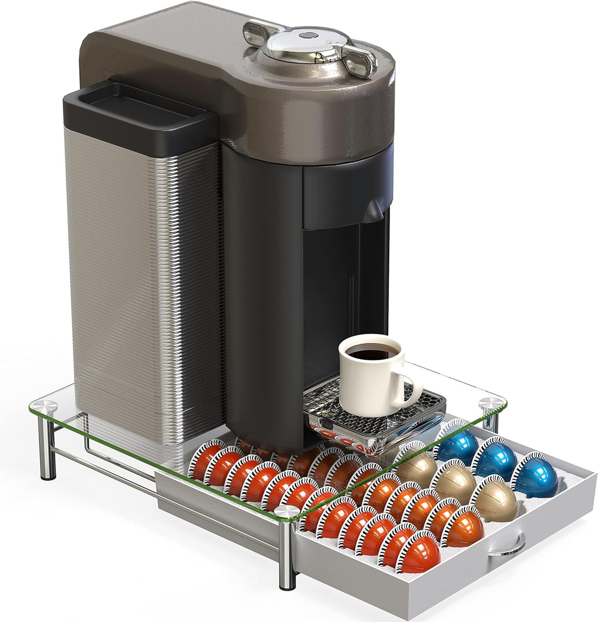 DecoBrothers Vertuo Pod Holder VertuoLine Drawer Storage for Nespresso Coffee Capsules, Crystal Tempered Glass, White - PuriLite