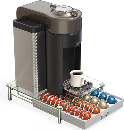 DecoBrothers Vertuo Pod Holder VertuoLine Drawer Storage for Nespresso Coffee Capsules, Crystal Tempered Glass, White - PuriLite