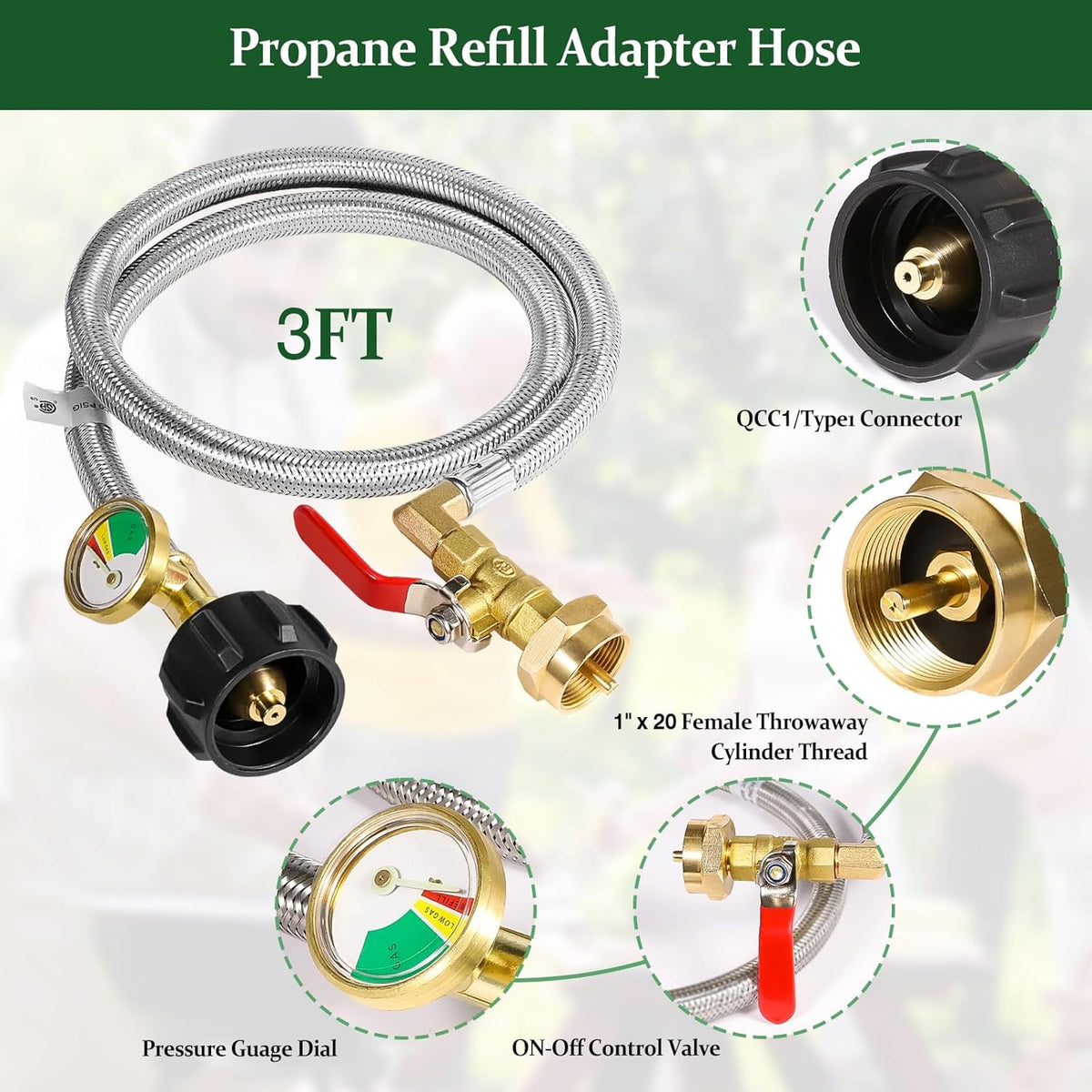 Propane Refill Adapter 20lb to 1lb Camping - 3FT/36inch Stainless Steel Hose with Gauge and ON-Off Control Valve - Fits QCC1 / Type1 Tank, 2 Caps Included - PuriLite