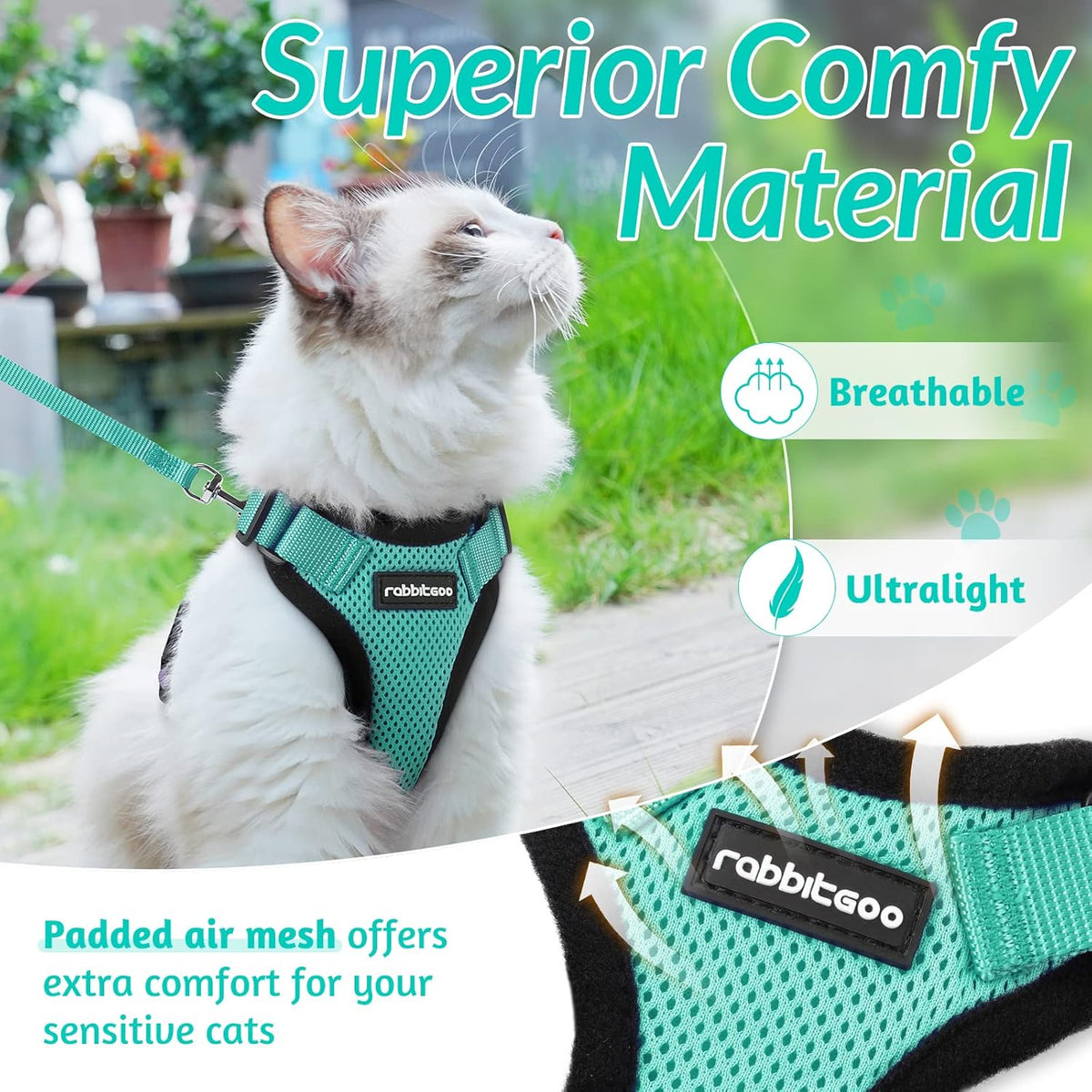 rabbitgoo Cat Harness and Leash for Walking, Escape Proof Soft Adjustable Vest Harnesses for Small Medium Cats, Easy Control Breathable Reflective Strips Jacket, XS, Black - PuriLite