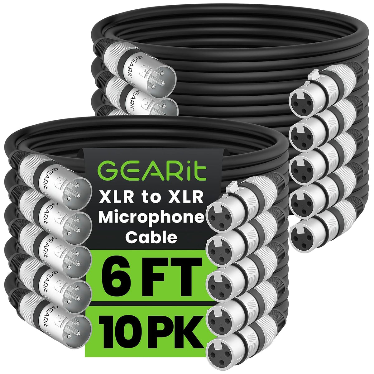 GEARit XLR Male to Female Microphone Cable (10 Feet, 6-Pack) 3-Pin Balanced Shielded Mixer, Recording Studio, Podcast - Black - PuriLite