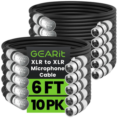 GEARit XLR Male to Female Microphone Cable (10 Feet, 6-Pack) 3-Pin Balanced Shielded Mixer, Recording Studio, Podcast - Black - PuriLite