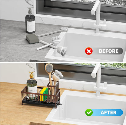 Cisily Sponge Holder for Kitchen Sink, Sink Caddy with High Brush Holder, Organzier Rustproof 304 Stainless Steel Dish Organizer Divider, Soap Dispenser Storage (Black) - PuriLite