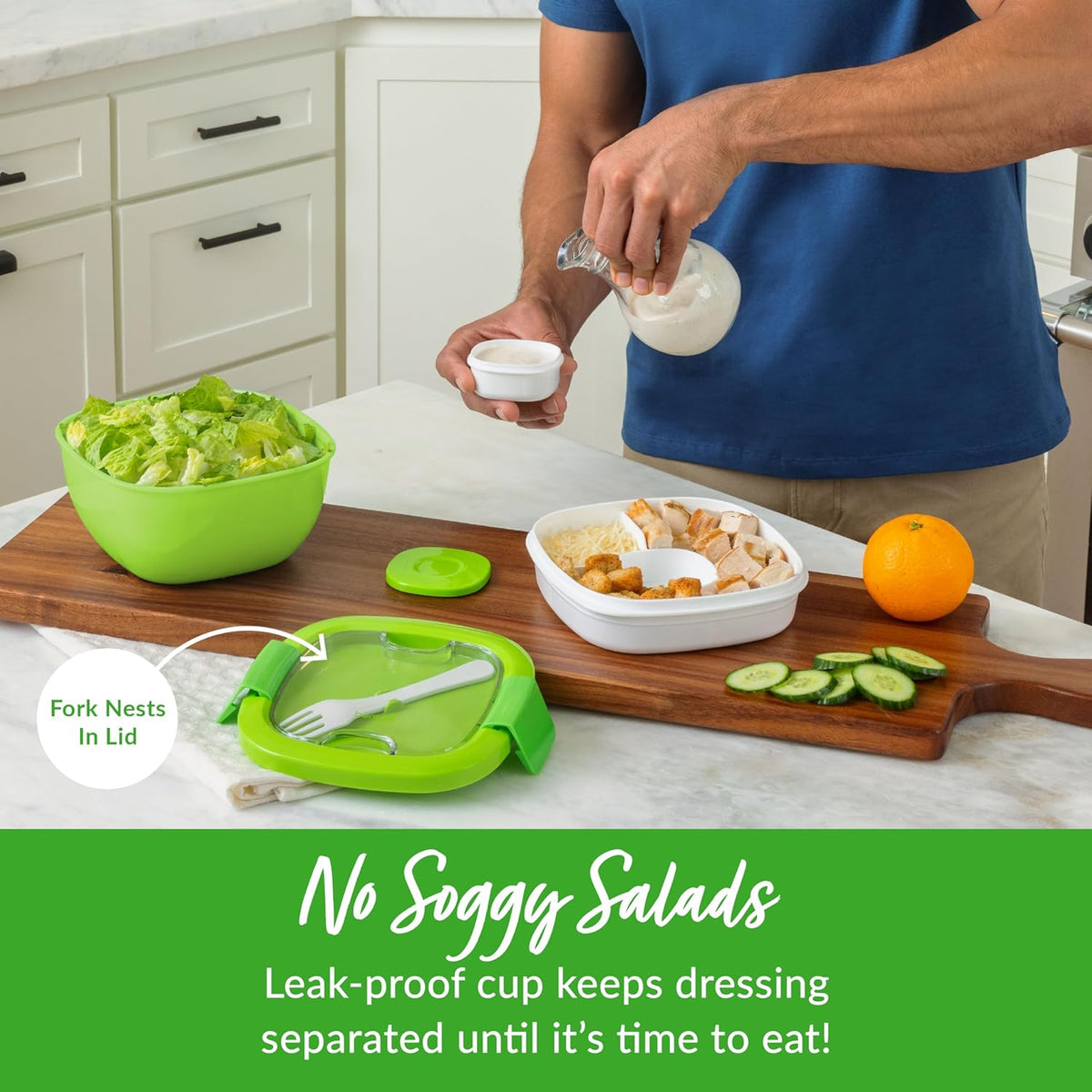 Bentgo Salad - Stackable Lunch Container with Large 54-oz Salad Bowl, 4-Compartment Bento-Style Tray for Toppings, 3-oz Sauce Container for Dressings, Built-in Reusable Fork & BPA-Free (Khaki Green) - PuriLite