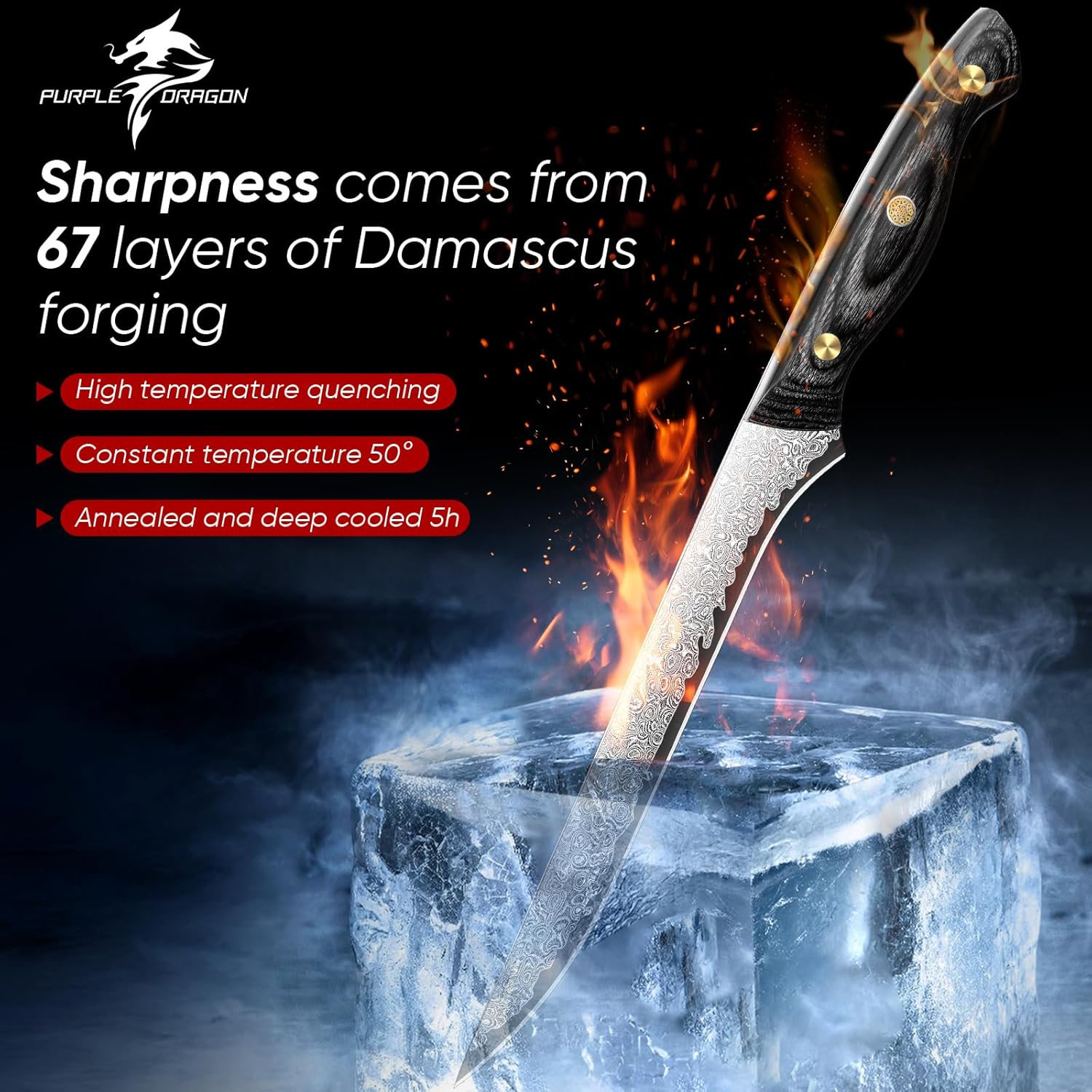 Purple Dragon Damascus Fish Fillet Knife - 7 inch Flexible Boning Knife with VG10 Core, Kitchen Slicing Knife with Full Tang Handle, Birthday Dad Mom Gift - PuriLite