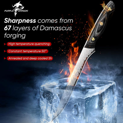 Purple Dragon Damascus Fish Fillet Knife - 7 inch Flexible Boning Knife with VG10 Core, Kitchen Slicing Knife with Full Tang Handle, Birthday Dad Mom Gift - PuriLite