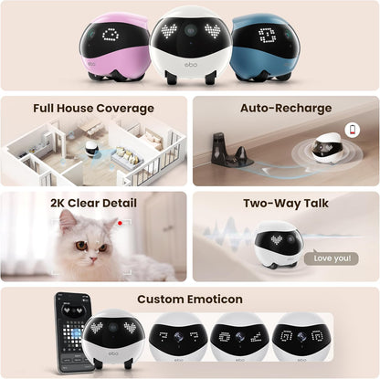 Indoor Security Camera EBO Air 2: 2K Pet Camera, Movable Home Security Camera, Custom Facial Expression, Auto-Recharge, Battery-Operated, 2-Way Talk, Night Vision, 32GB Memory Card(Dove White) - PuriLite
