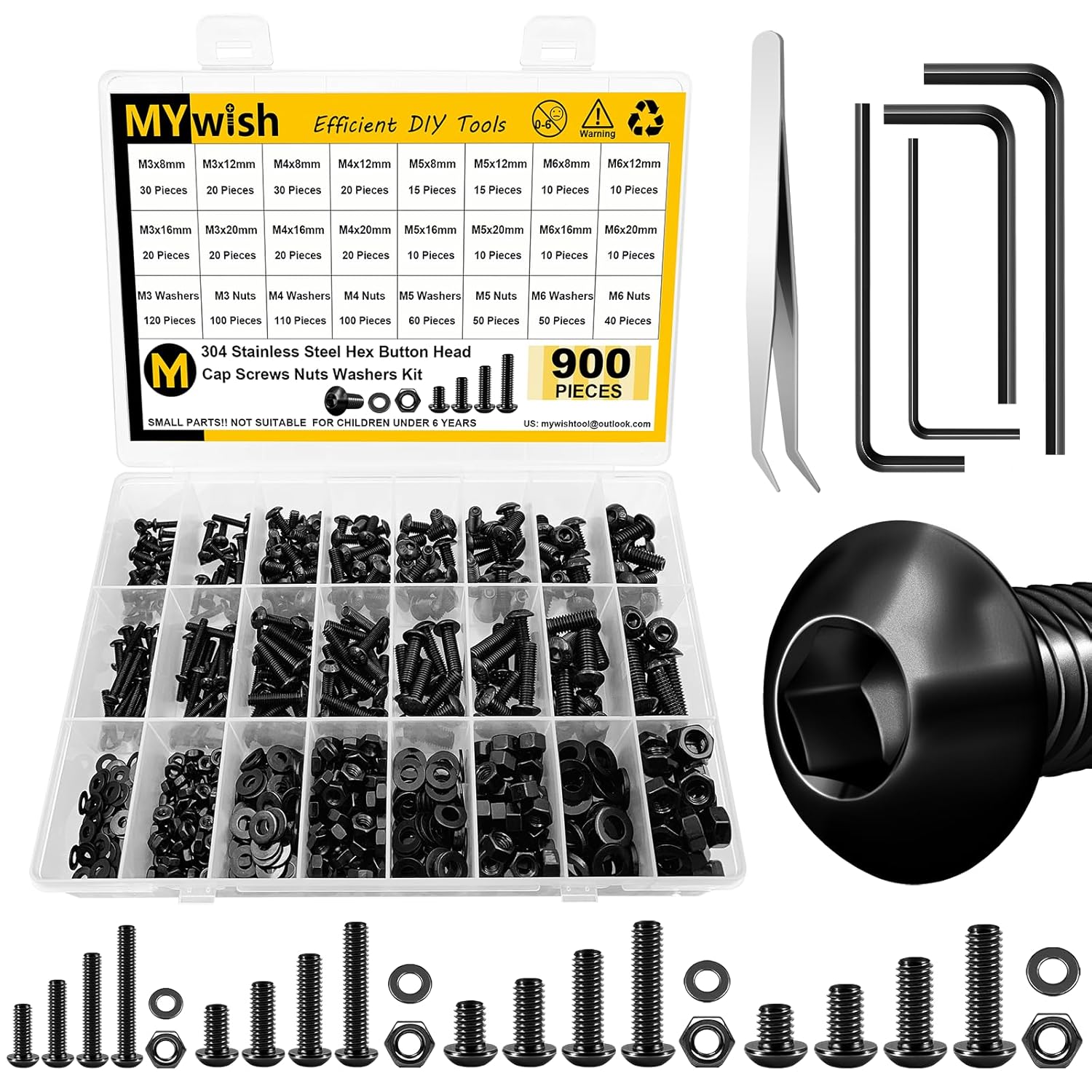 Mywish 900Pcs Metric Screw Assortment, M3 M4 M5 M6 Screw Assortment Kit 304 Stainless Steel Hex Socket Button Head Socket Cap Metric Screws Bolts & Flat Washers/Nuts/Hex Wrenches 16 Sizes 8MM to 20MM - PuriLite