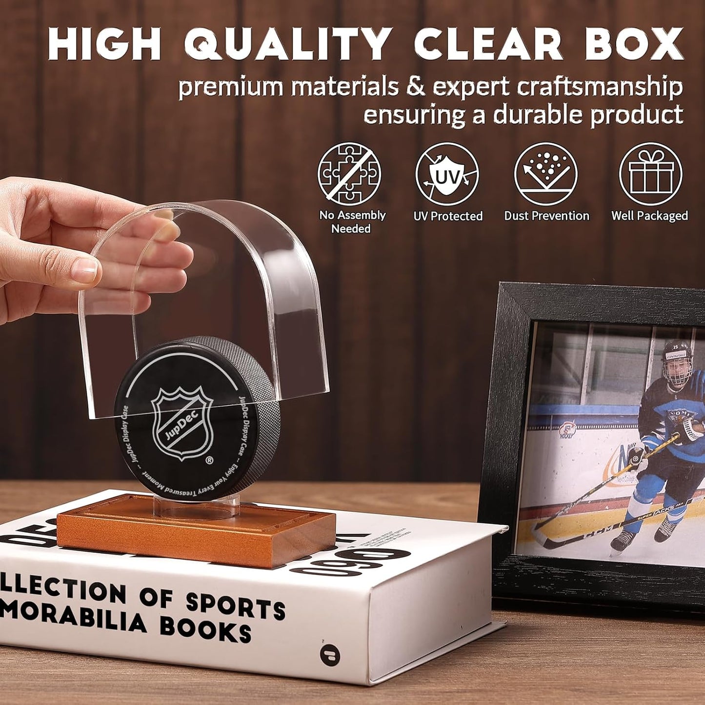 JupDec Baseball Display Case, Clear Cube Baseball Holder with Wooden Base, Autograph Baseball Stand Box for Single Ball, Acacia Wood, Brown, 1 Pack - PuriLite
