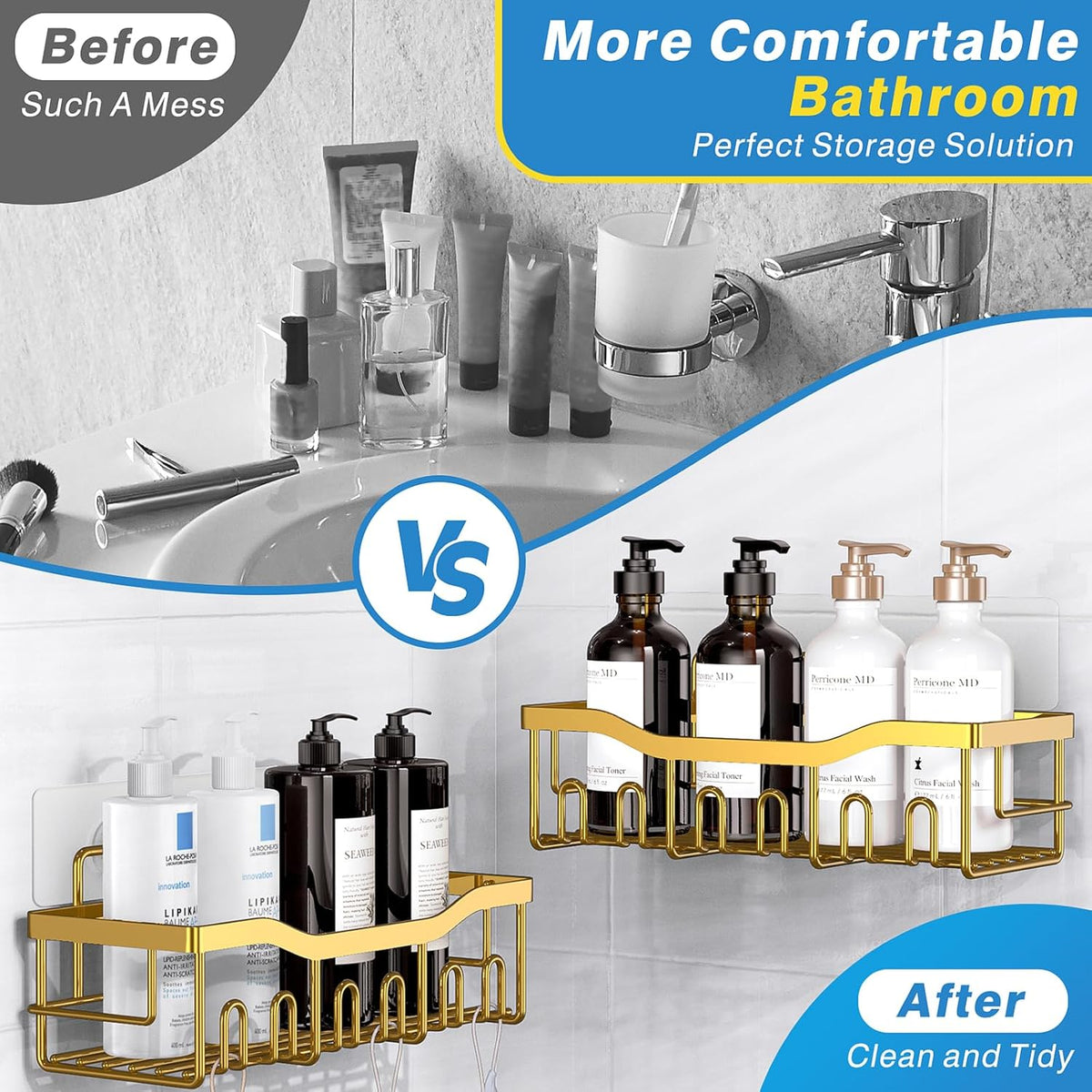 EUDELE 5-Pack Rustproof Stainless Steel Shower Caddy – No Drill Adhesive Bathroom Organizer with Large Capacity, Spacious Shower Shelves for Inside Shower, Kitchen & Home Decor Storage - PuriLite