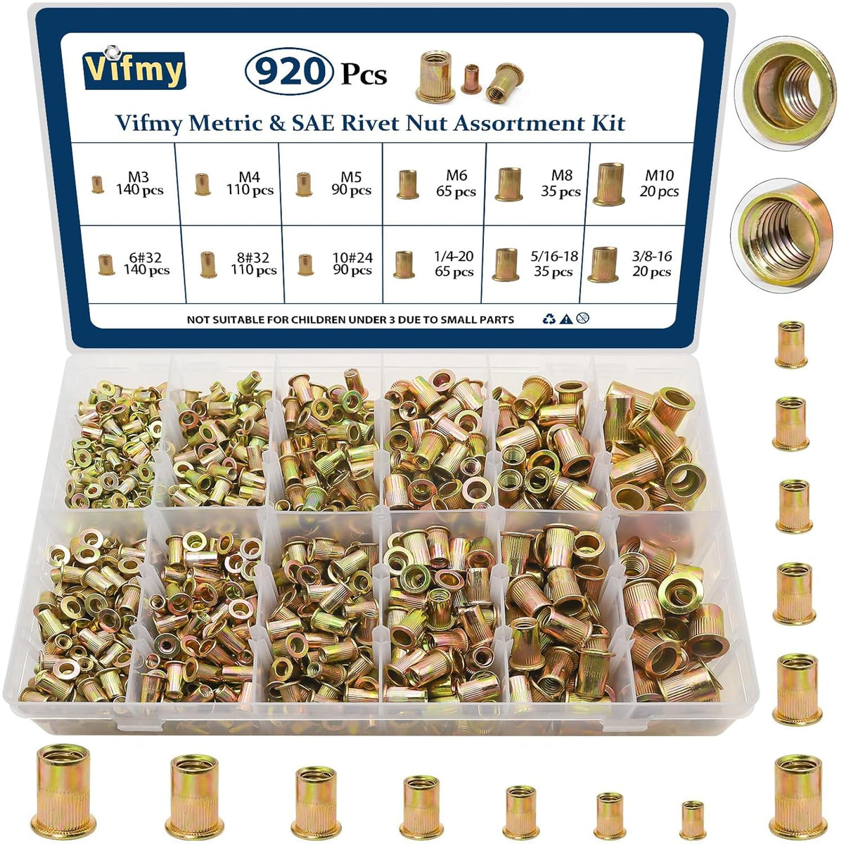 Vifmy Metric & SAE Rivet Nut Assortment Kit(420 Pcs),m3 m4 m5 m6 m8 m10 m12#6-32#8-32#10-24 1/4"-20 5/16"-18 3/8"-16 UNC Flat Head Rivnut Set,Zinc Plated Finish Carbon Steel Nutsert - PuriLite
