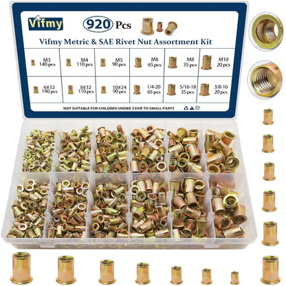 Vifmy Metric & SAE Rivet Nut Assortment Kit(420 Pcs),m3 m4 m5 m6 m8 m10 m12#6-32#8-32#10-24 1/4"-20 5/16"-18 3/8"-16 UNC Flat Head Rivnut Set,Zinc Plated Finish Carbon Steel Nutsert - PuriLite