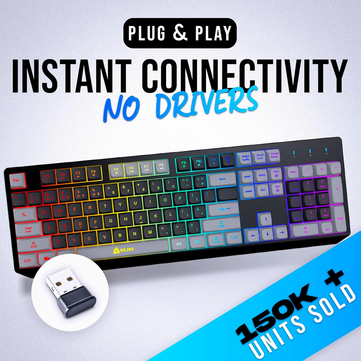 KLIM  Chroma Wireless Gaming Keyboard RGB New - Long-Lasting Rechargeable Battery - Quick and Quiet Typing - Water Resistant Backlit Wireless Keyboard for PC PS5 PS4 Mac - Black - PuriLite