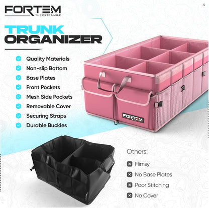 FORTEM Car Trunk Organizer, Collapsible Multi Compartment Car Organizer, Foldable SUV Storage for Car Accessories for Women Men, Non Slip Bottom, Securing Straps, Soft Cover 50L (Black, Standard) - PuriLite