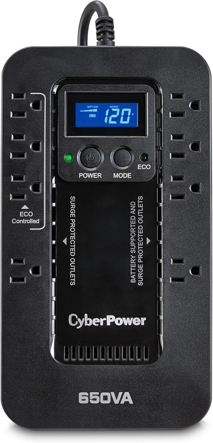 CyberPower EC850LCD Ecologic Battery Backup & Surge Protector UPS System, 850VA/510W, 12 Outlets, ECO Mode, Compact, Uninterruptible Power Supply - PuriLite
