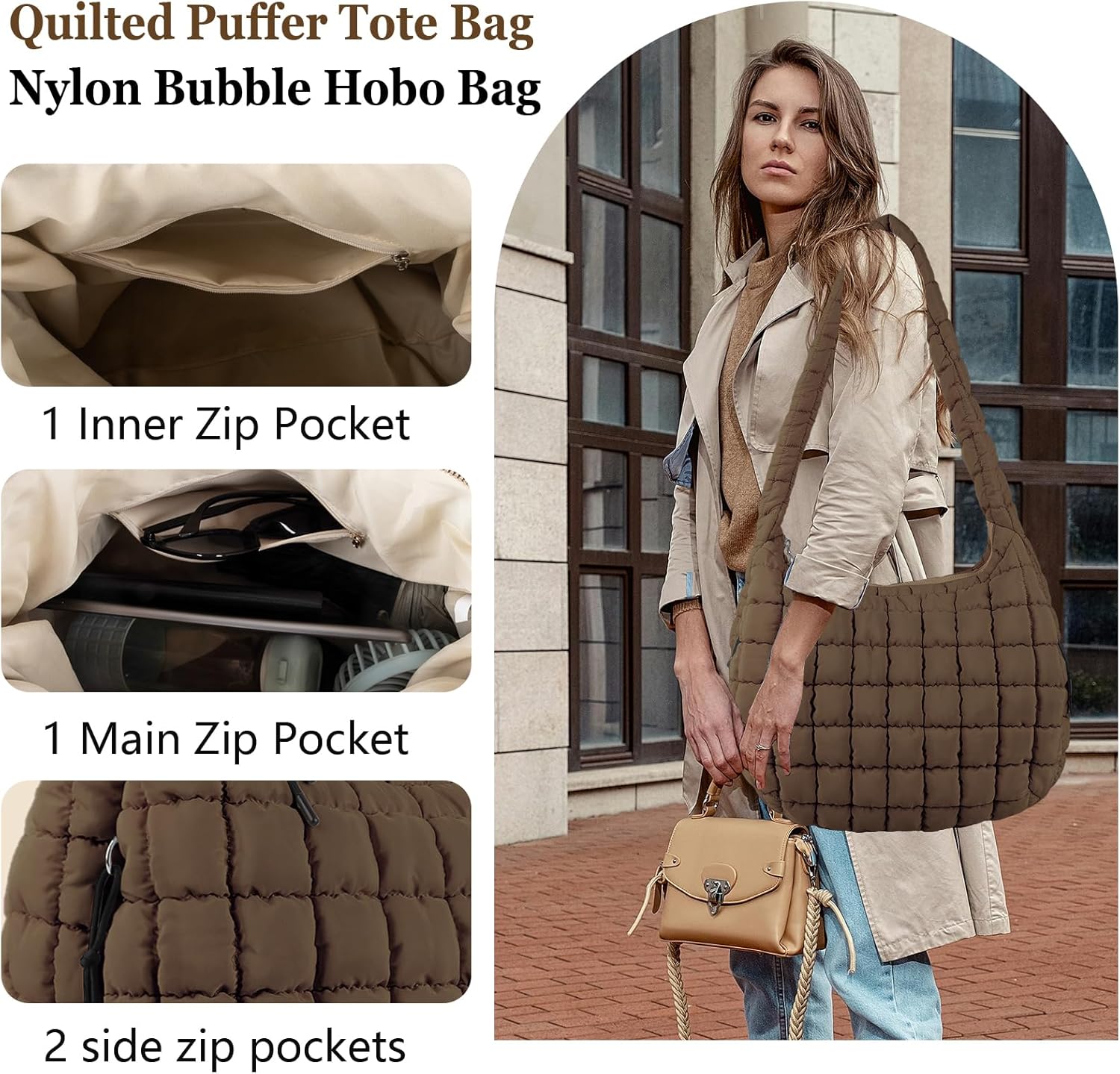 Quilted Puffer Tote Bag Large Crossbody Shoulder Bag with Zipper, Nylon Hobo Oversized Handbag - PuriLite