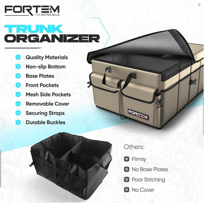 FORTEM Car Trunk Organizer, Collapsible Multi Compartment Car Organizer, Foldable SUV Storage for Car Accessories for Women Men, Non Slip Bottom, Securing Straps, Soft Cover 50L (Black, Standard) - PuriLite