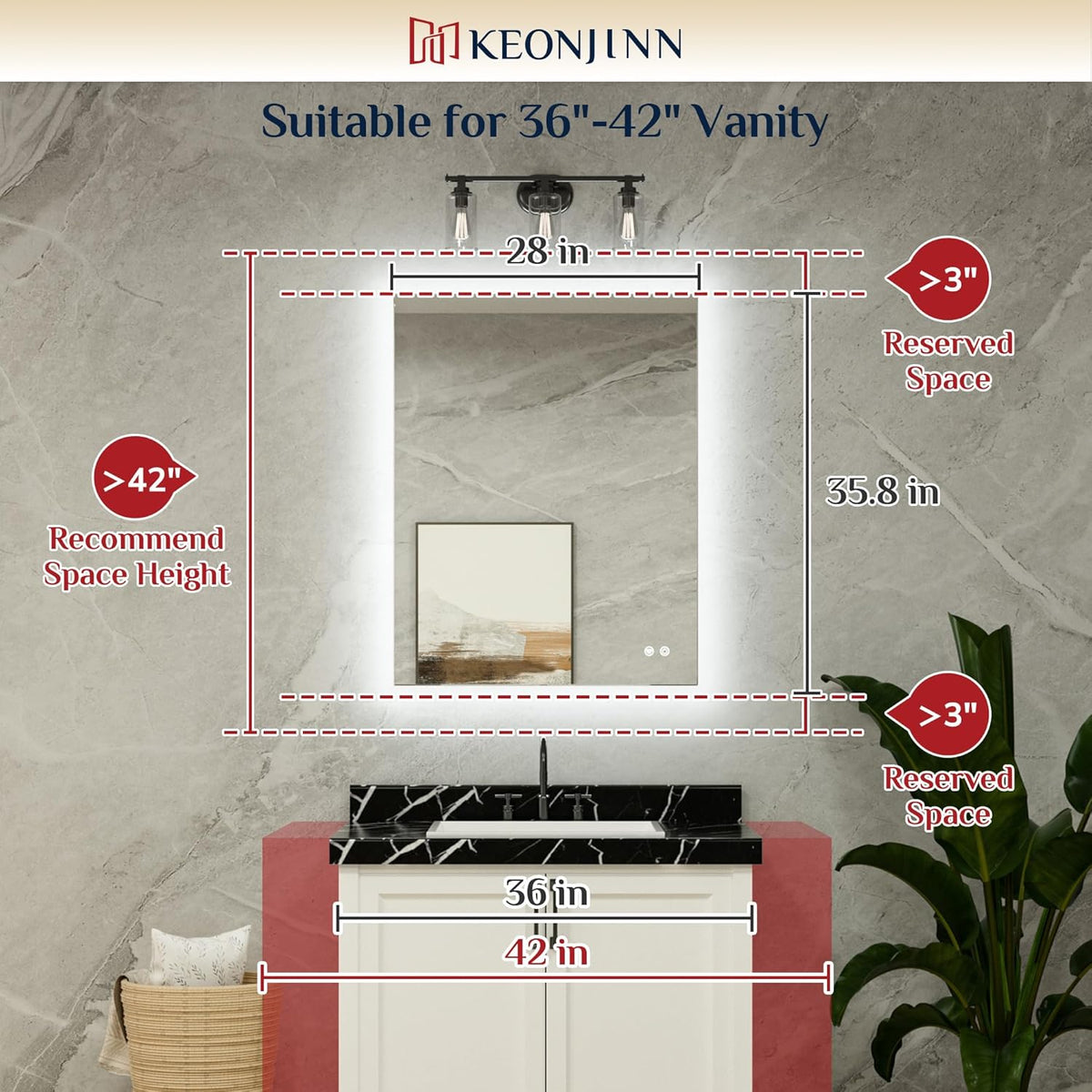 Keonjinn 40 x 32 Inch LED Bathroom Mirror with Acrylic, Backlit Mirror Anti-Fog, Lighted Bathroom Mirror for Wall, CRI90 High Definition Dimmable Large Makeup Mirror(Horizontal/Vertical) - PuriLite