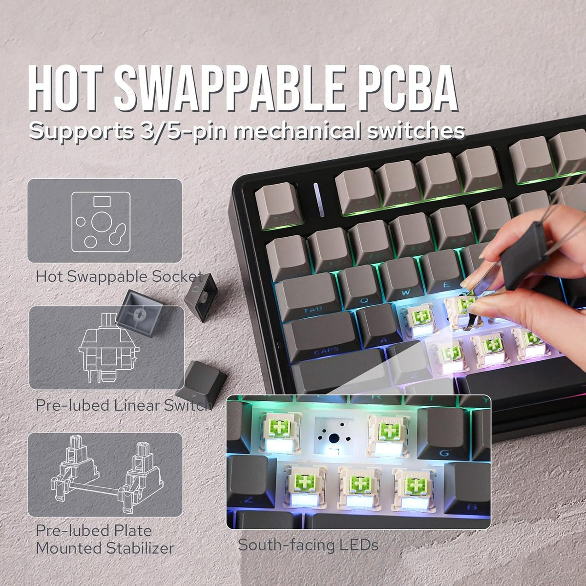 EPOMAKER x Aula F75 Gasket Mechanical Keyboard, 75% Wireless Hot Swappable Gaming Keyboard with Five-Layer Padding&Knob, Bluetooth/2.4GHz/USB-C, RGB (Black Gradient, LEOBOG Reaper Switch) - PuriLite