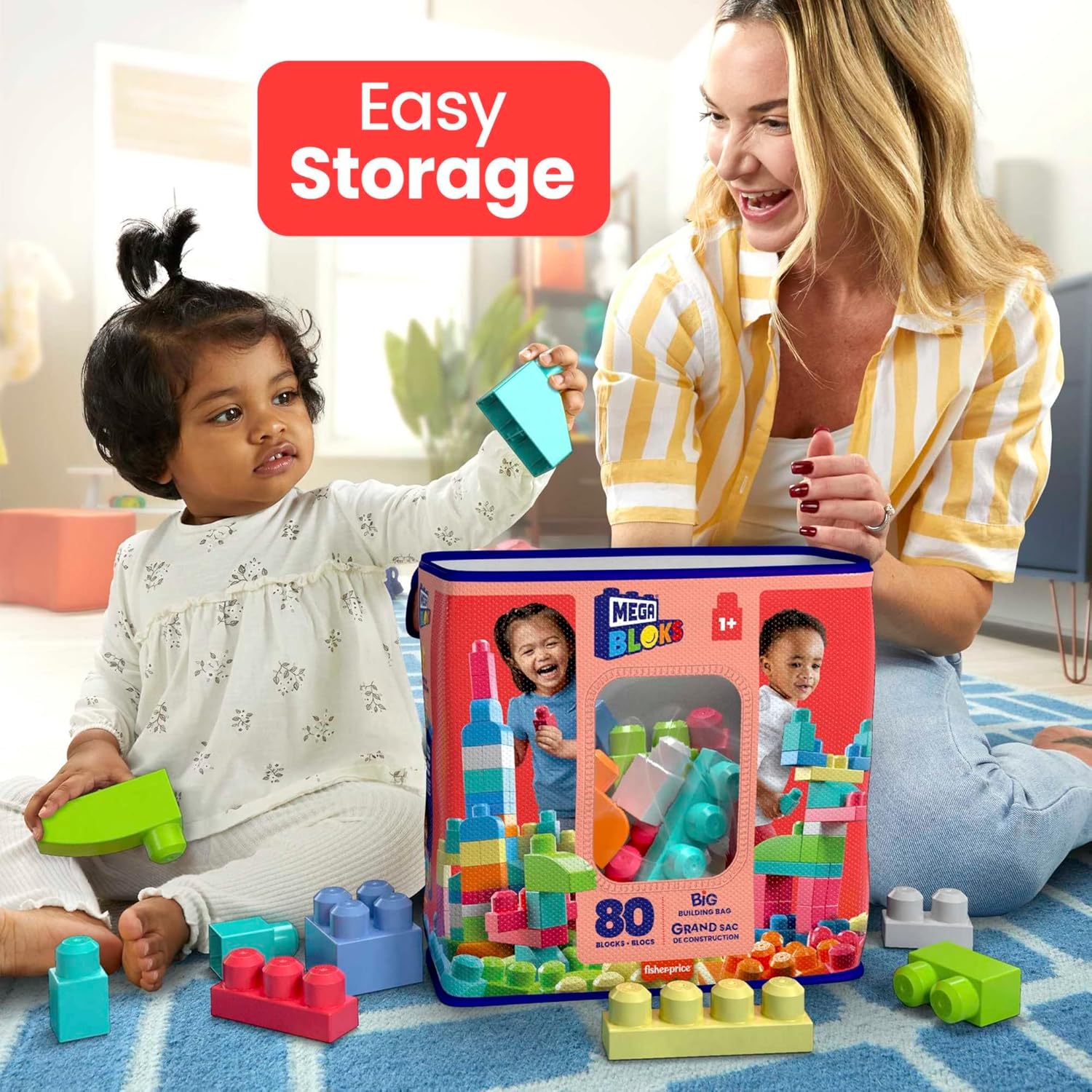 MEGA BLOKS First Builders Toddler Blocks Toys Set, Big Building Bag with 80 Pieces and Storage, Blue, Ages 1+ Years - PuriLite