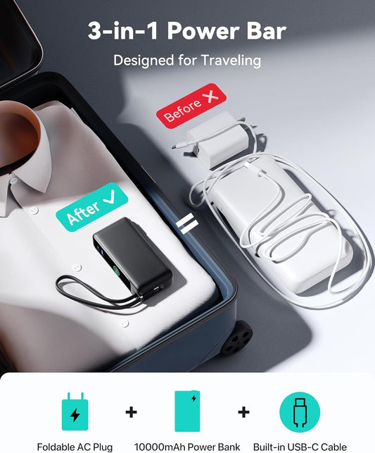 INIU 3-in-1 Power Bank, 30W 10000mAh Fast Charging Portable Charger, Built-in USB C Cable and Foldable AC Plug, Travel Outdoor Essentials Powerbank, Battery Pack for iPhone 16 15 Samsung S25 S24 etc - PuriLite