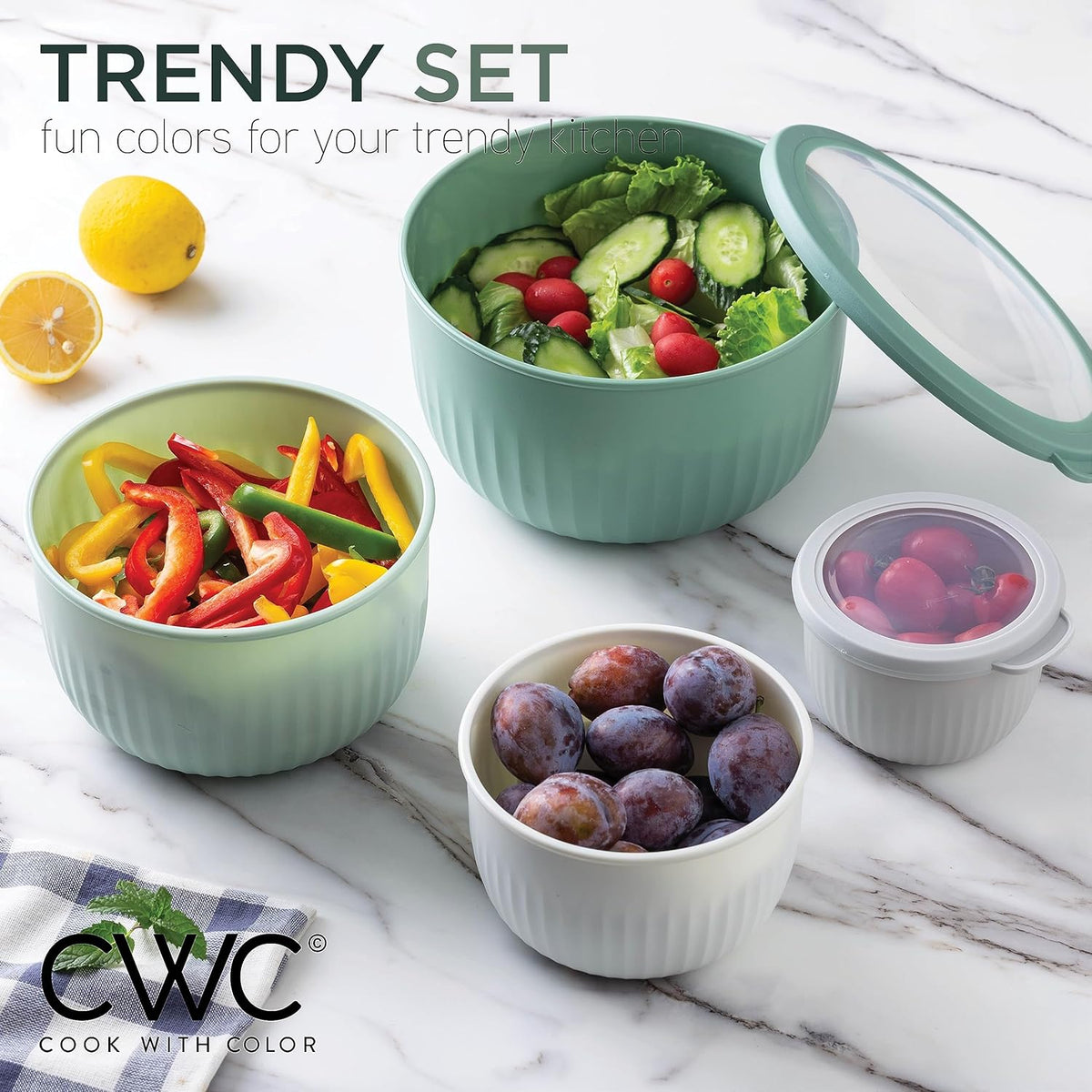 COOK WITH COLOR Prep Bowls with Lids- 8 Piece Nesting Plastic Small Mixing Bowl Set with Lids (Teal Ombre) - PuriLite