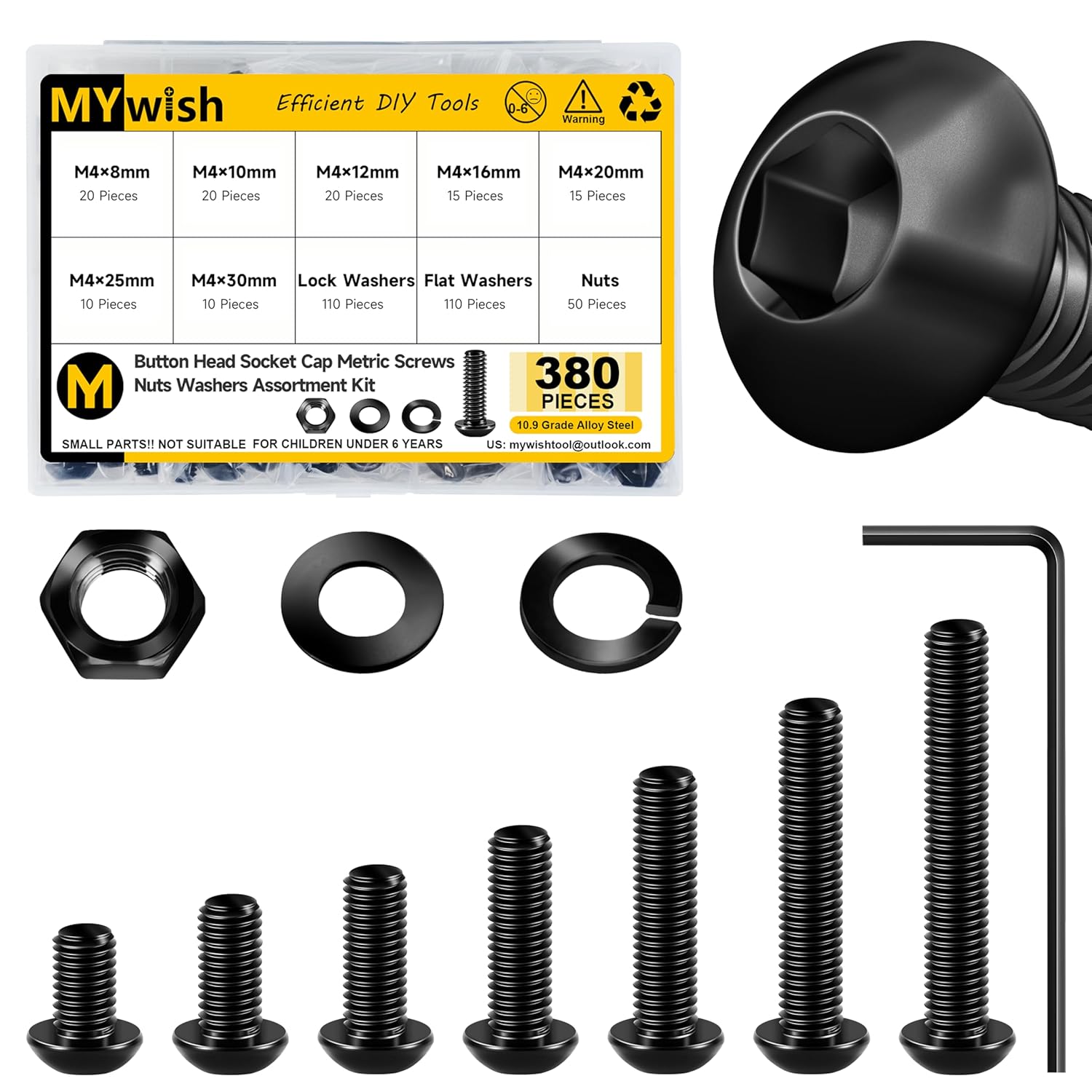 Mywish 900Pcs Metric Screw Assortment, M3 M4 M5 M6 Screw Assortment Kit 304 Stainless Steel Hex Socket Button Head Socket Cap Metric Screws Bolts & Flat Washers/Nuts/Hex Wrenches 16 Sizes 8MM to 20MM - PuriLite