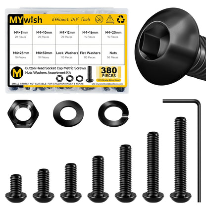 Mywish 900Pcs Metric Screw Assortment, M3 M4 M5 M6 Screw Assortment Kit 304 Stainless Steel Hex Socket Button Head Socket Cap Metric Screws Bolts & Flat Washers/Nuts/Hex Wrenches 16 Sizes 8MM to 20MM - PuriLite