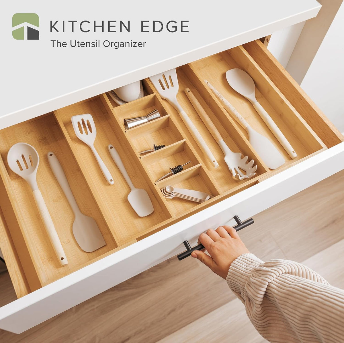 Adjustable Bamboo Kitchen Drawer Organizer, Extra-Wide Expandable Utensil and Junk Drawer Tray with 9 Compartments - PuriLite