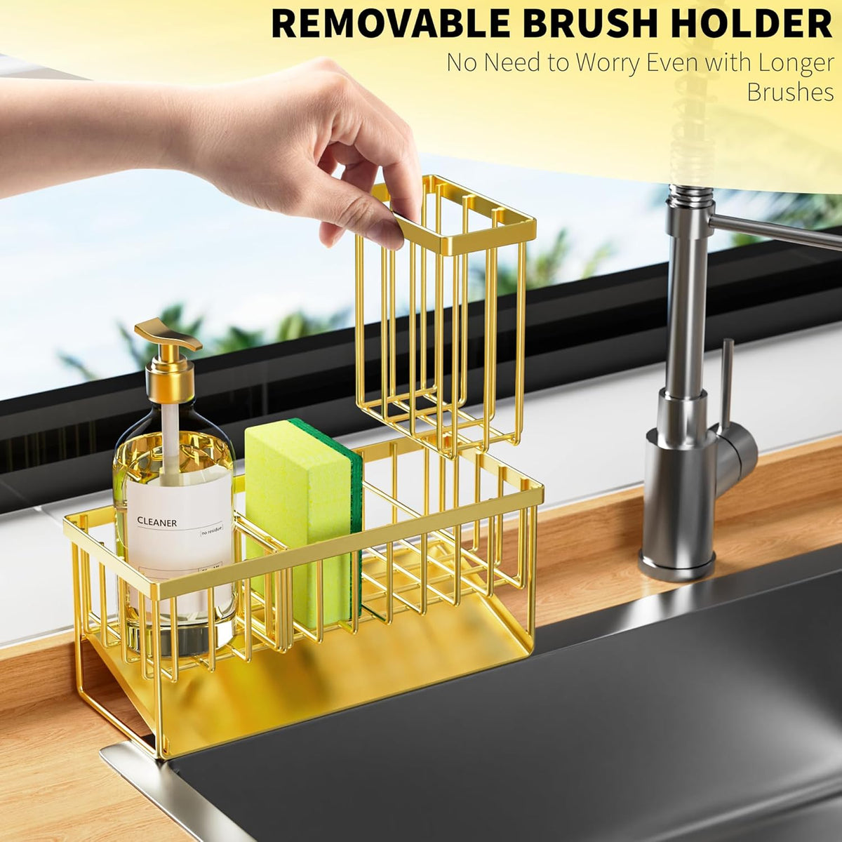 Cisily Kitchen Sink Caddy Organzier with High Brush Holder, Sponge Holder for Sink, 304 Rustproof Stainless, Kitchen Countertop Soap Dispenser Organizer, Kitchen Decor and Accessories (Black) - PuriLite