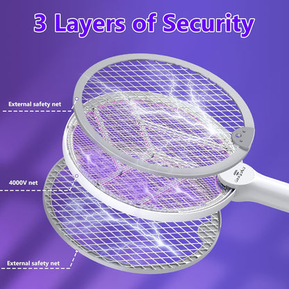 Gooqand Bug Zapper Racket, 2 in 1 Electric Fly Swatte with 3 Layer Safety Mesh, 4000V Fly Zapper with USB Rechargeable, Indoor Outdoor Fly Racket for Bedroom, Kitchen, Camping - PuriLite