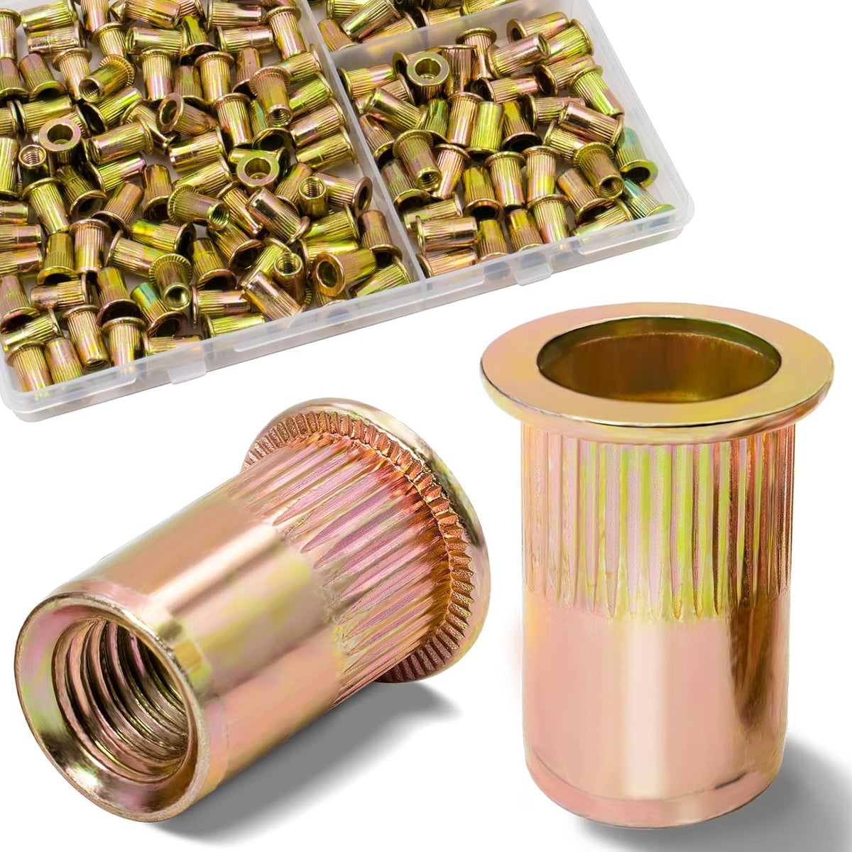 Vifmy Metric & SAE Rivet Nut Assortment Kit(420 Pcs),m3 m4 m5 m6 m8 m10 m12#6-32#8-32#10-24 1/4"-20 5/16"-18 3/8"-16 UNC Flat Head Rivnut Set,Zinc Plated Finish Carbon Steel Nutsert - PuriLite
