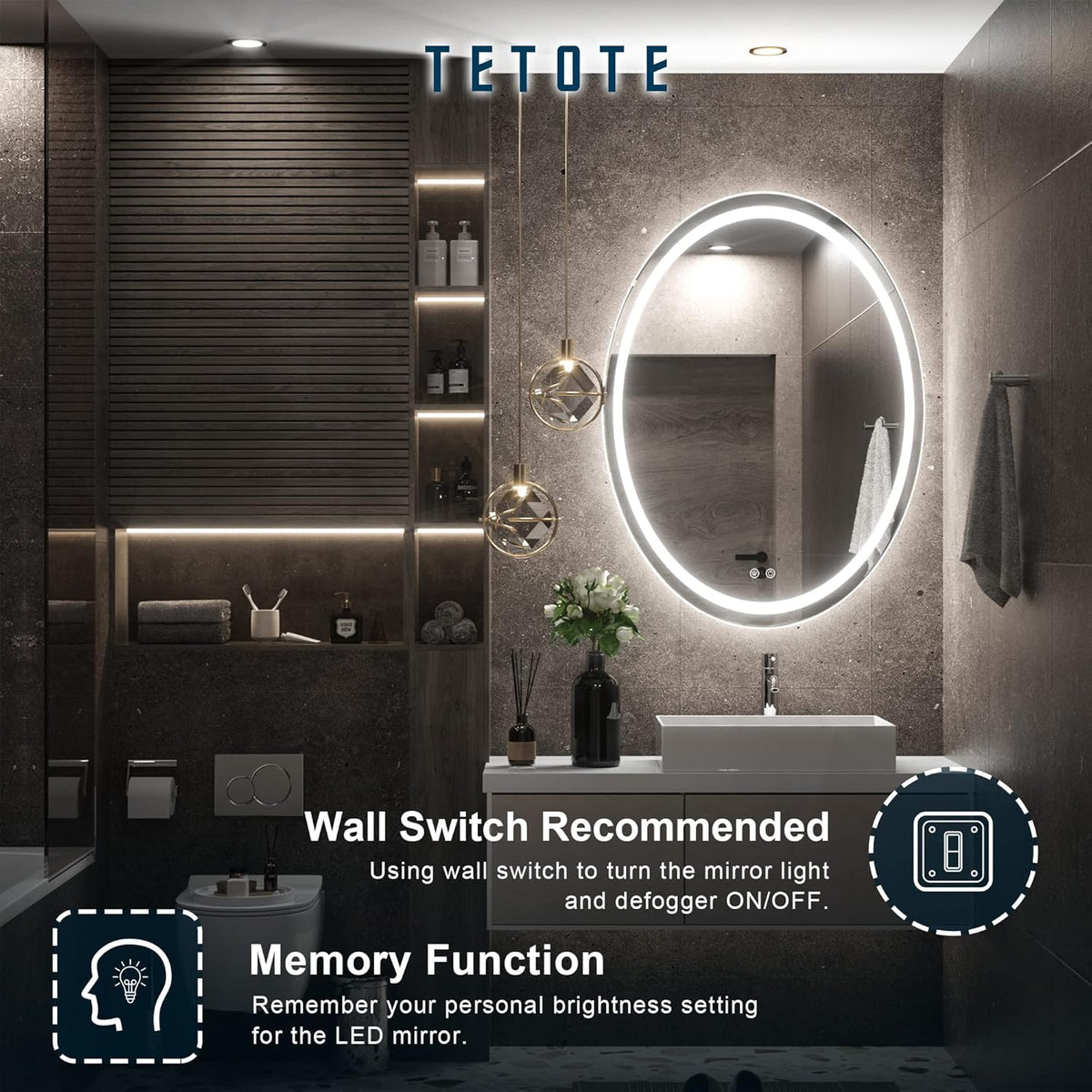 TETOTE 28 Inch Round LED Bathroom Vanity Mirror, Anti-Fog Dimmable Lights IP54 Waterproof Circle Makeup Wall Mounted Mirror - PuriLite