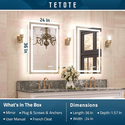 TETOTE LED Bathroom Mirror 20x28 Frontlit & Backlit Lighted Vanity Mirror Anti Fog Stepless Dimmable 3 Colors White/Warm/Natural,Double Lights,Wall-Mounted(Horizontal/Vertical) - PuriLite